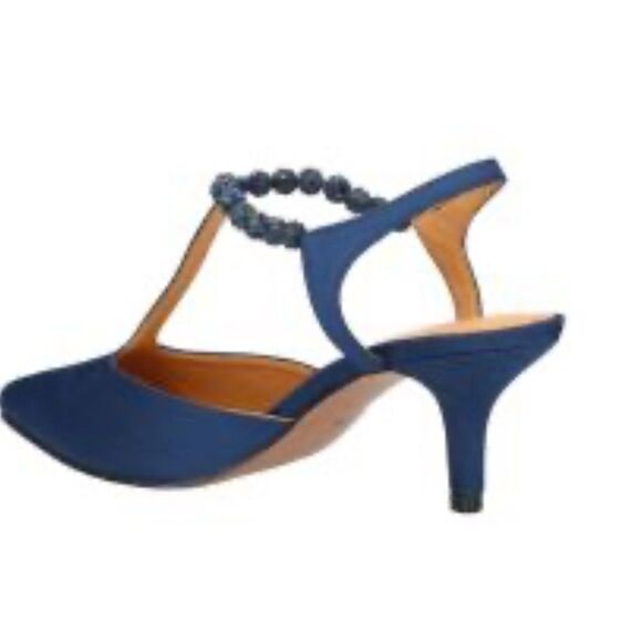 J. Renee NIMAH Navy Blue Sparkle Bead Pointed Toe T Strap Slingback Heels - Picture 3 of 16